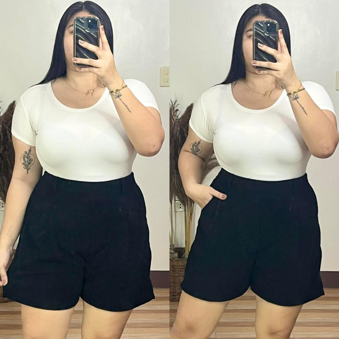 Casual Plus Size High Waist Corduroy Shorts with Belt Loops - Black