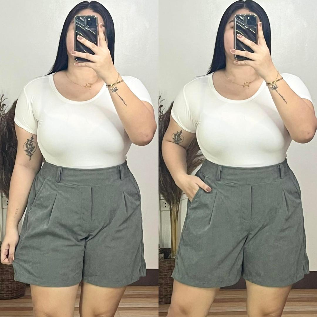 Casual Plus Size High Waist Corduroy Shorts with Belt Loops - Gray