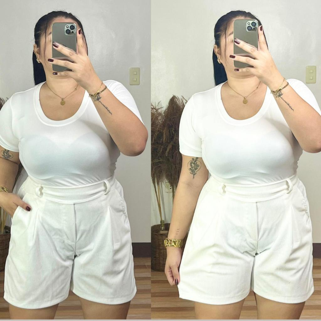 Casual Plus Size High Waist Corduroy Shorts with Belt Loops - White