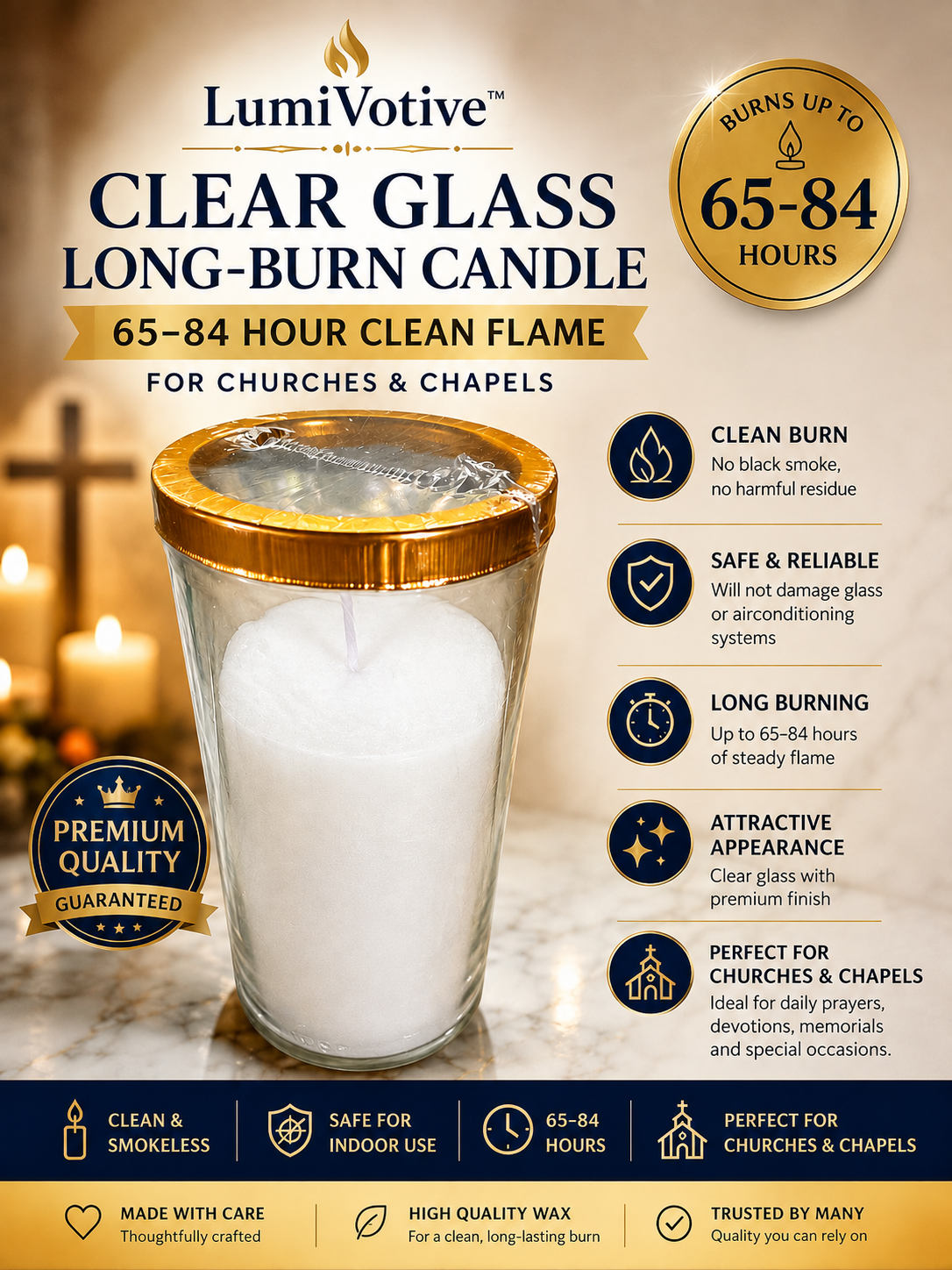 LumiVotiveâ„¢ Clear Glass Long-Burn Candle â€“ 65â€“84 Hour Clean Flame for Churches & Chapels