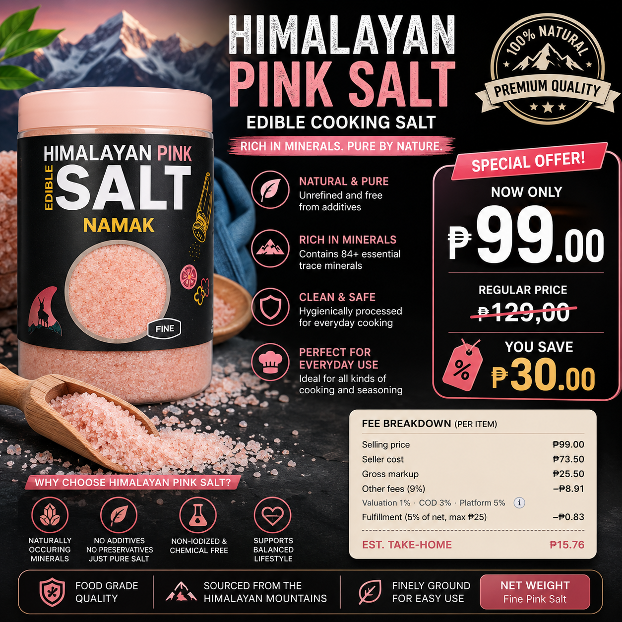 Premium Himalayan Pink Edible Salt â€“ Mineral-Rich Natural Cooking Salt | Fine Food-Grade Seasoning