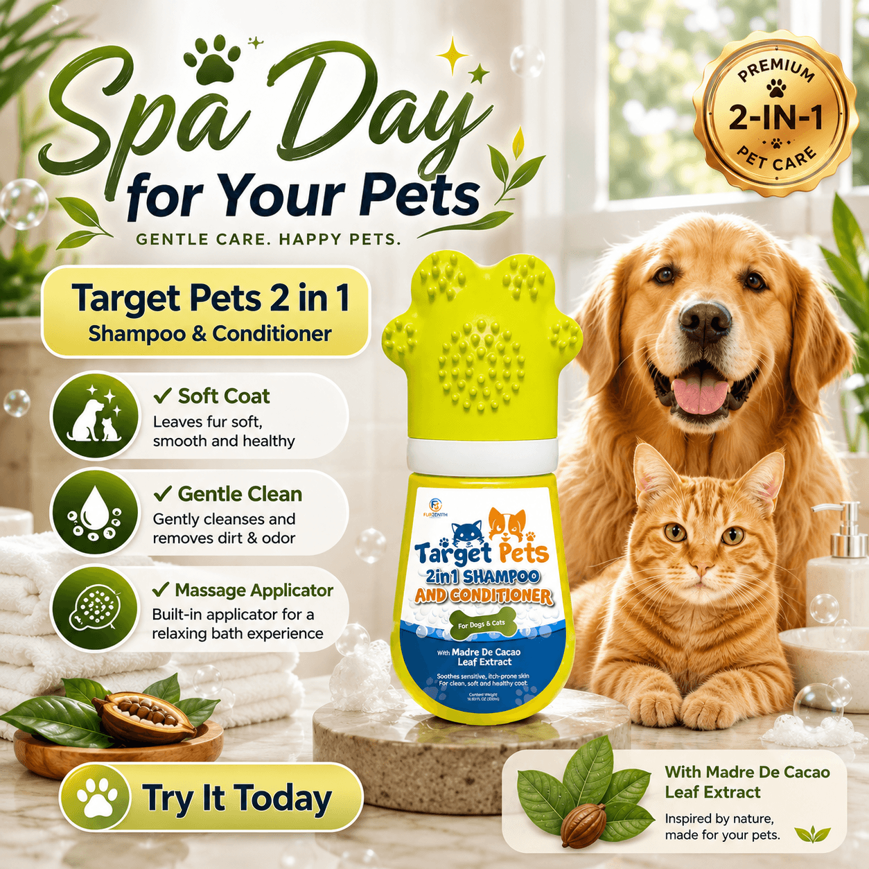 Target Pets 2-in-1 Shampoo & Conditioner for Dogs & Cats with Built-in Massage Applicator | Madre de Cacao Leaf Extract Pet Shampoo