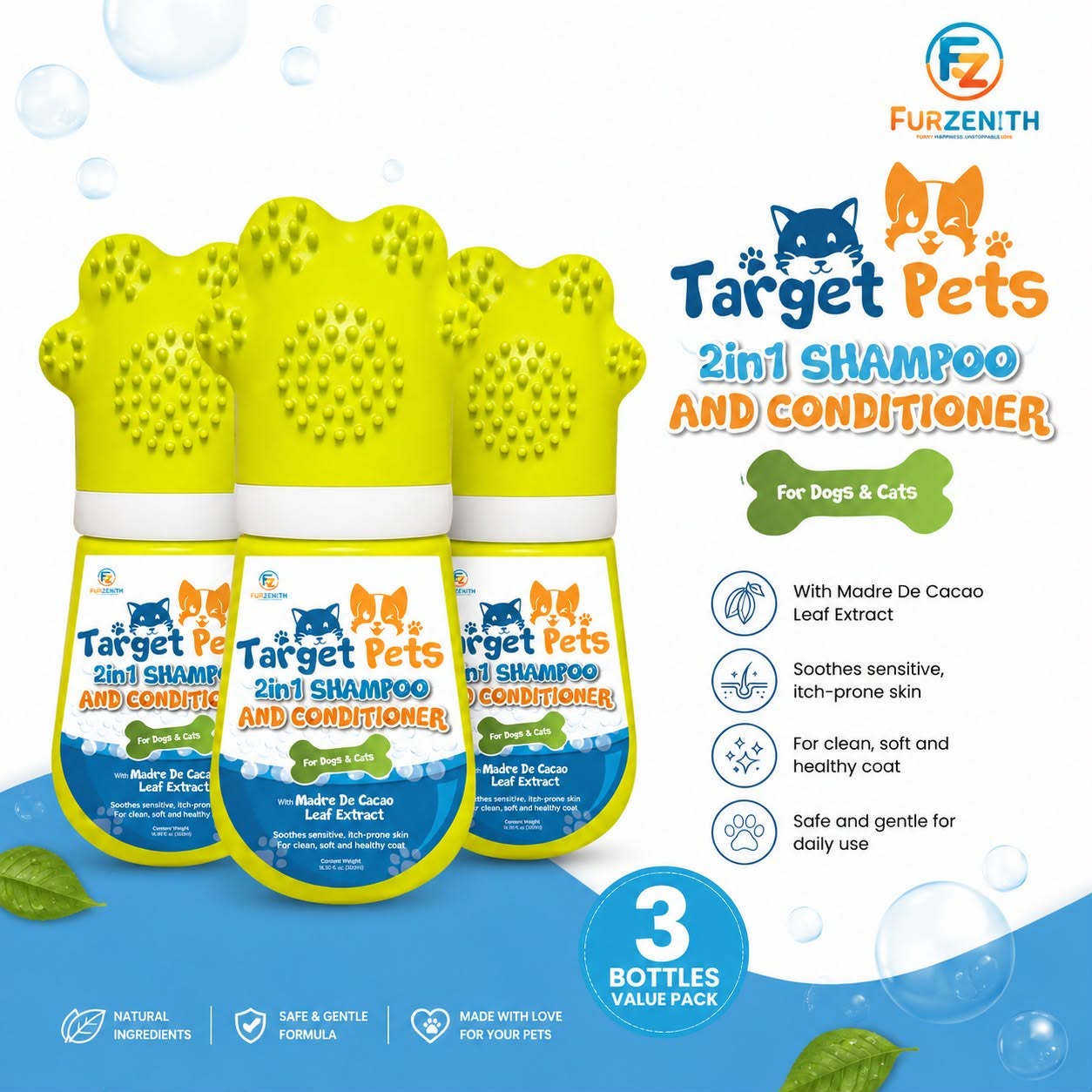 Target Pets 2 in 1 shampoo and conditioner for dogs and cats with Madre de cacao leaf extract - 821BU