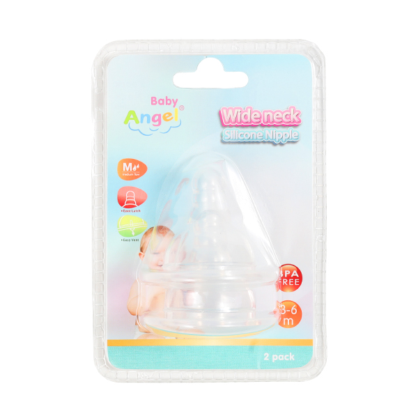 Baby Angel Wide Neck Silicone Nipple 2 pack for Babies 3-6 Months Medium Flow FDA Approved BPA Free Food Contact Grade Nitrosamine Safe Made in Thailand - 479BA